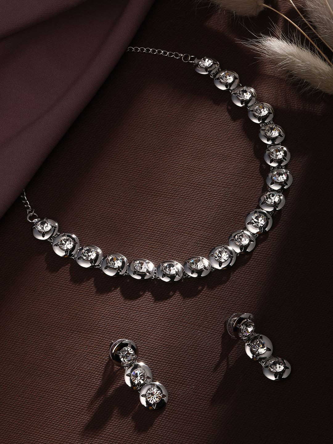 ASMITTA JEWELLERY Rhodium-Plated American Diamond Studded Necklace and Earrings
