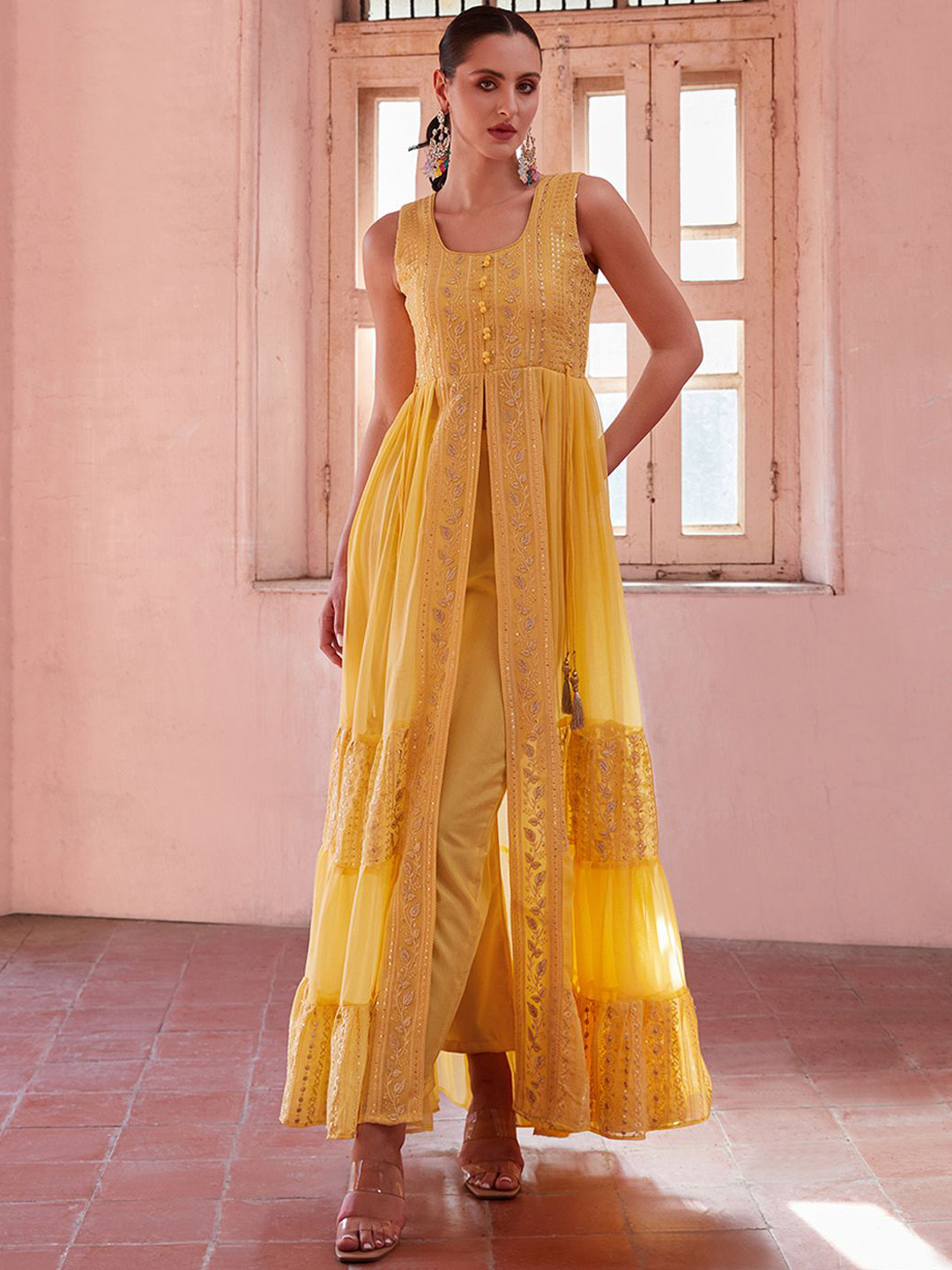 ALIZEH Mango Floral Embroidered Sequinned Pleated Anarkali Kurta, Pant And Dupatta Set