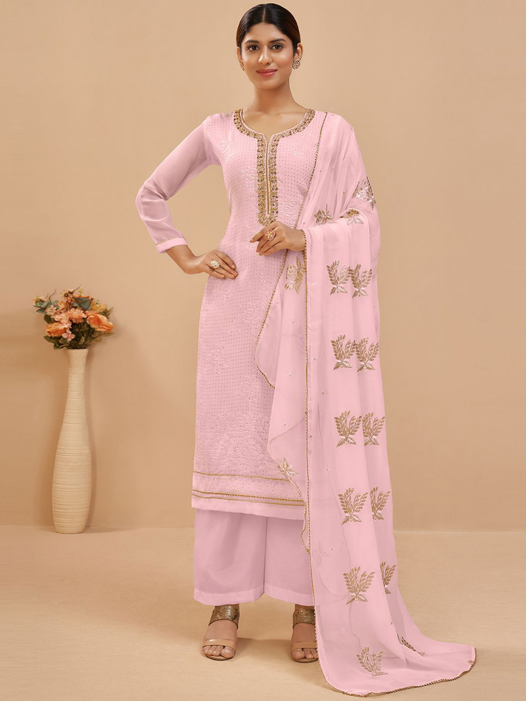 ALIZEH Brasso Embroidered Khatli Work Neckline On Straight Kurta With Salwar And Dupatta