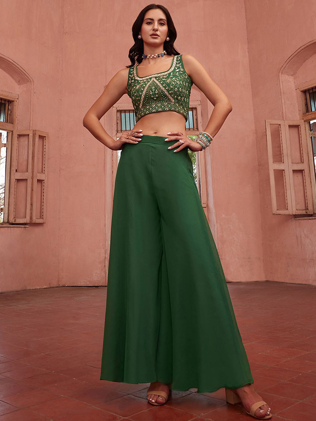 ALIZEH Mirror & Thread Hand Embroidered Blouse & Cape Set With Sharara