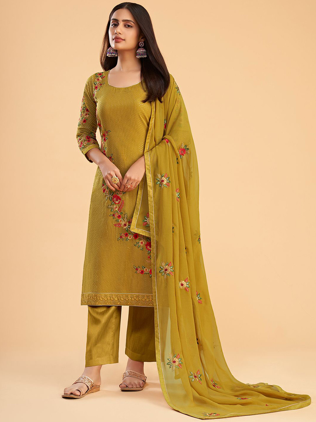 ALIZEH Floral Embroidered Sequinned Straight Kurta With Trusers And Dupatta