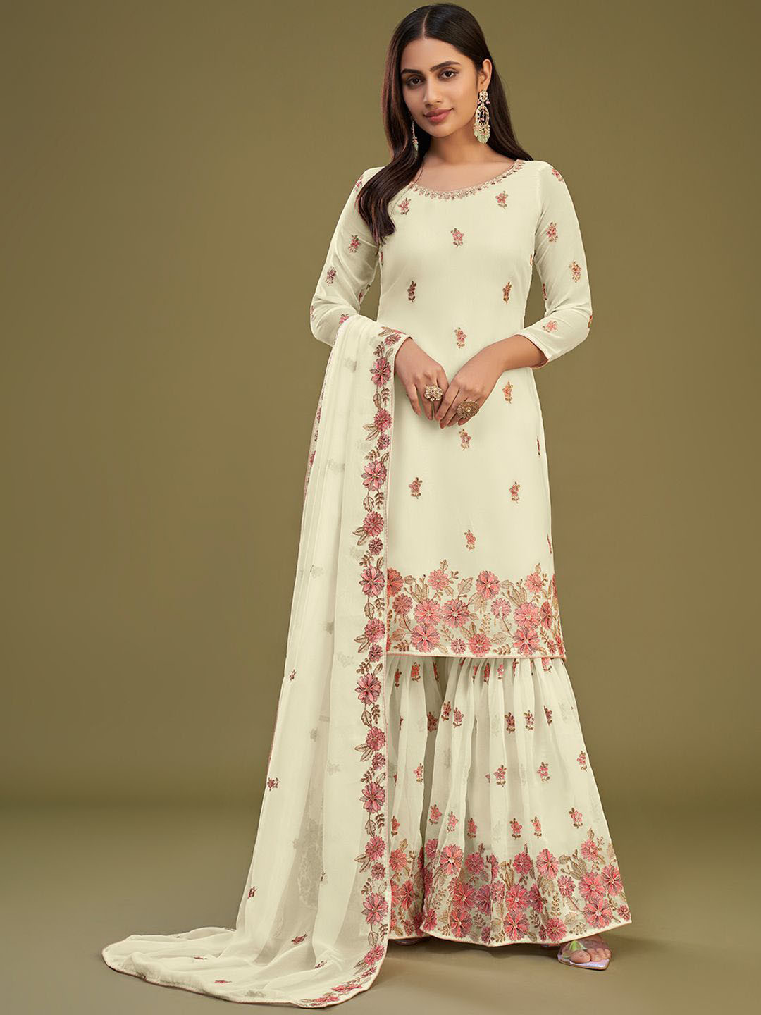 ALIZEH Floral Motifs Embroidered Georgette Kurta With Sharara And Dupatta