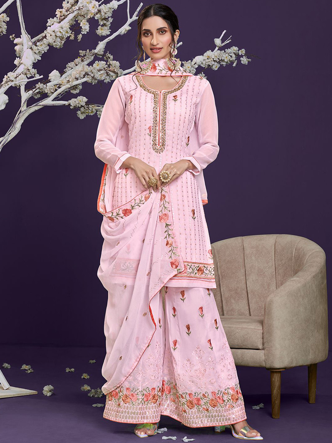 ALIZEH Floral Neckline Embroidered Punjabi Short Kurta With Sharara And Dupatta