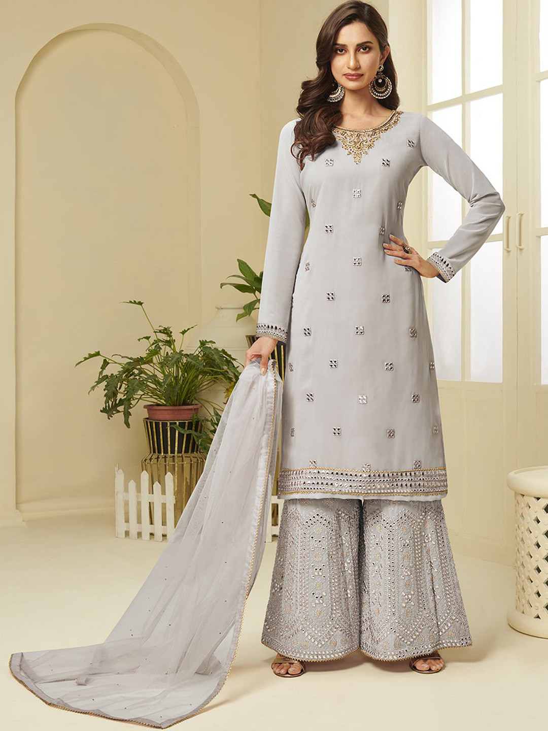 ALIZEH Embroidered Round Neck Full Sleeves Short Kurta With Embroidered Sharara & Dupatta