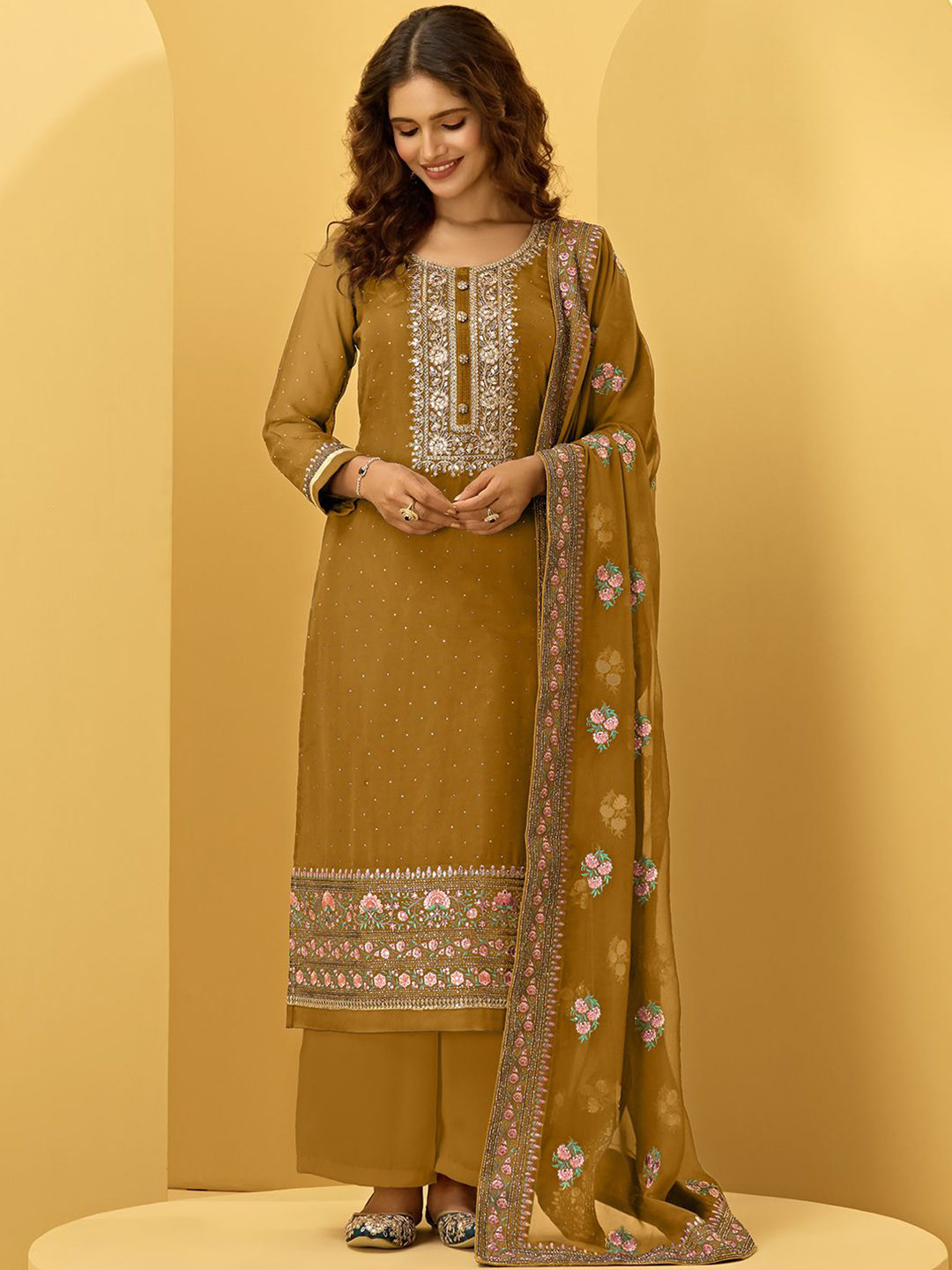 ALIZEH Ethnic Motifs Embroidered Staight Suit With Trousers And Embroidered Dupatta