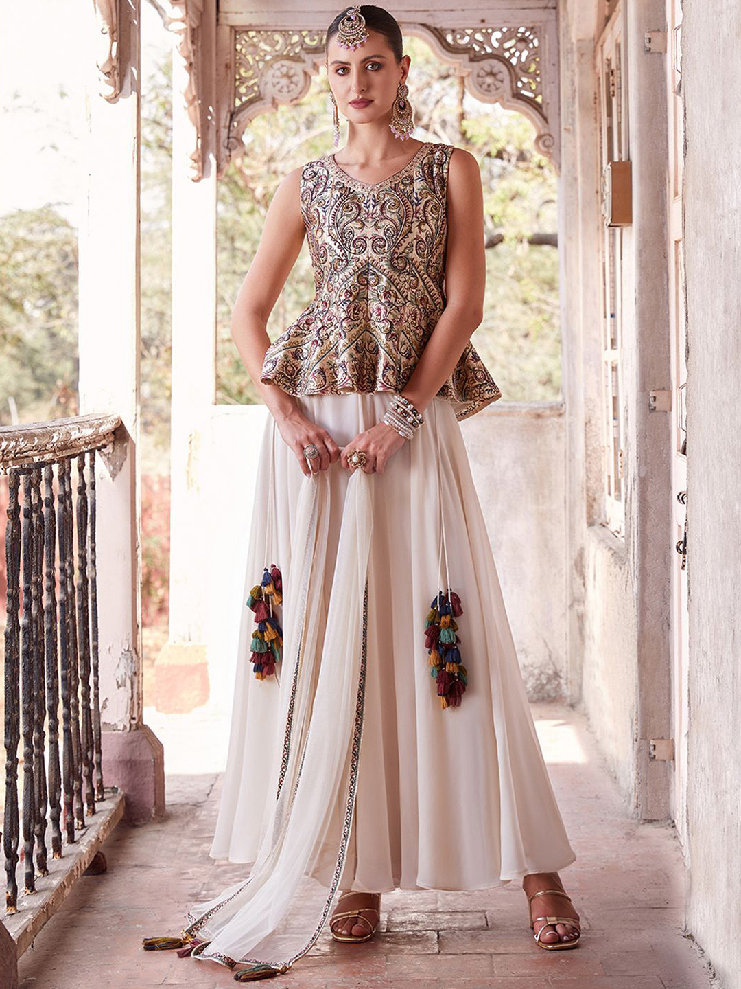 ALIZEH Floral Motifs Multi Embroidered Satin Short Anarkali, Sharara And Dupatta Set