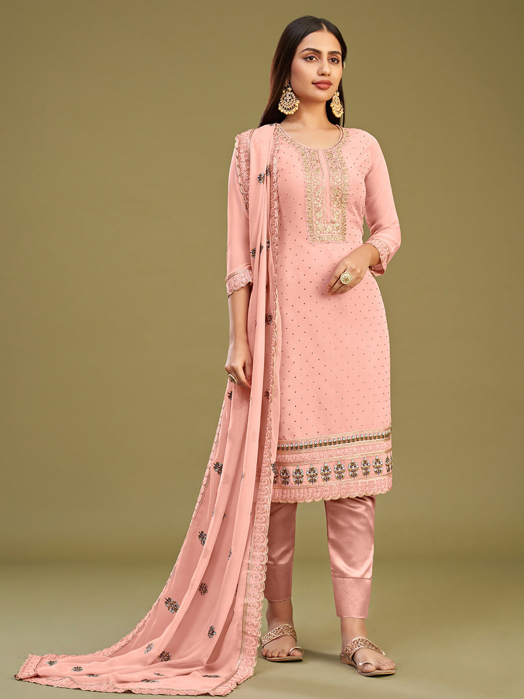 ALIZEH Floral And Zari Embroidered Staight Kurta With Trousers And Dupatta