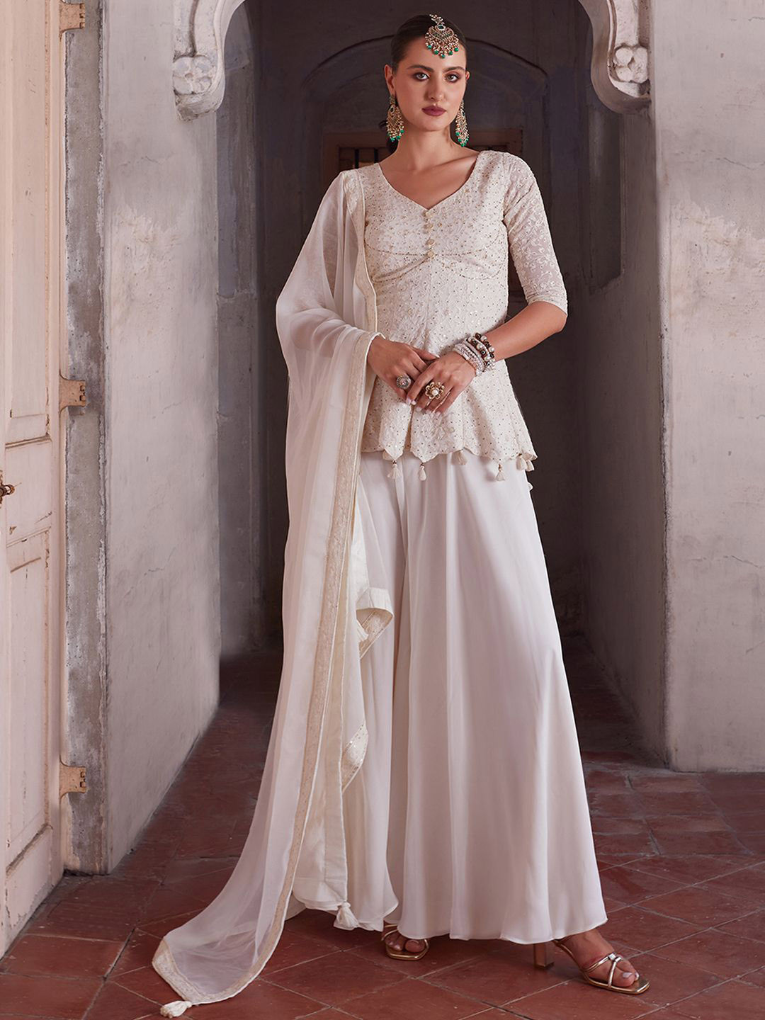 ALIZEH Off White Lakhnavi Embroidered Short Anarkali, Sharara And Dupatta Set