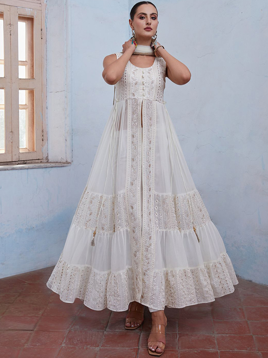 ALIZEH Off White Embroidered Pleated Anarkali Kurta, Pant And Dupatta Set