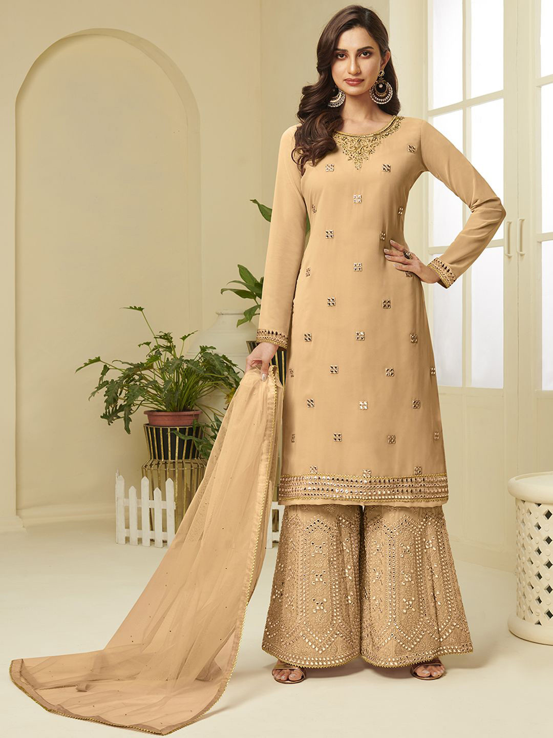 ALIZEH Embroidered Round Neck Full Sleeves Short Kurta With Embroidered Sharara & Dupatta