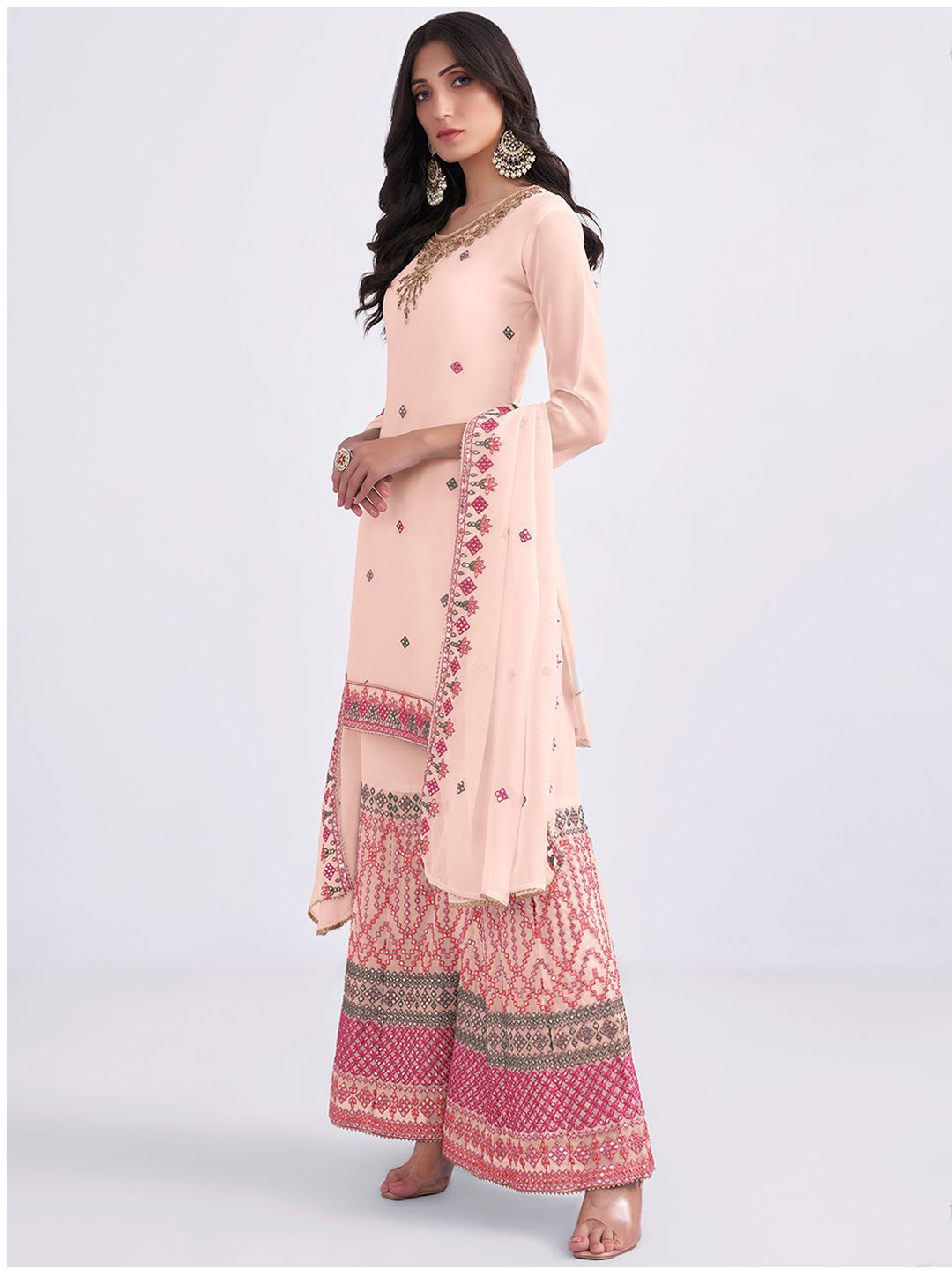 ALIZEH Embroidered Georgette Short Kurta With Sharara And Dupatta