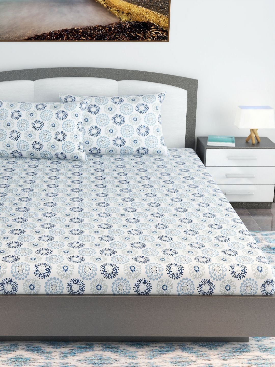 Divine Casa White Floral Cotton Breathable 144 TC Fitted King Bedsheet with 2 Pillow Covers-73 x 89 inches