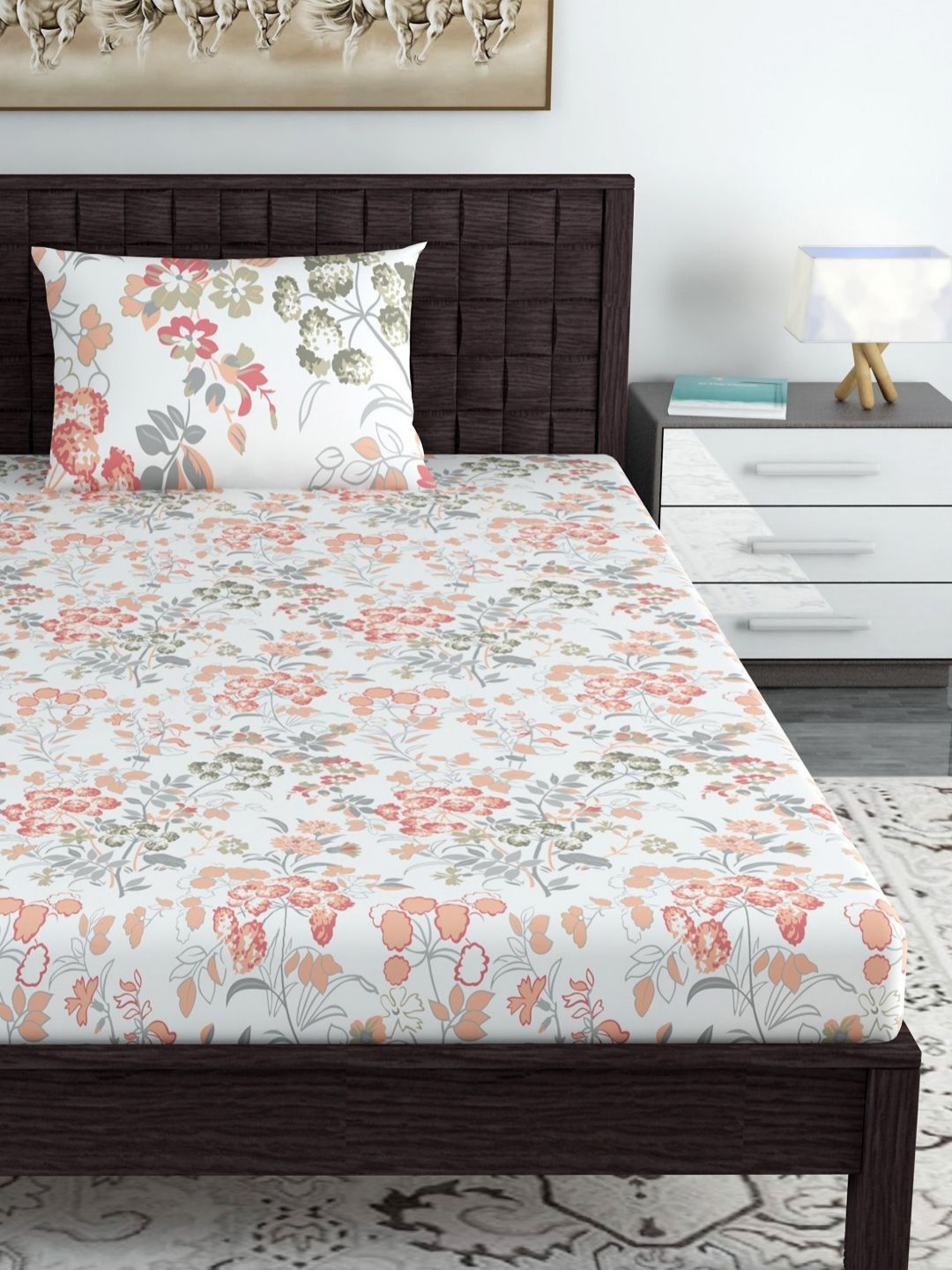 Divine Casa Emerald Red Floral Printed Cotton 144TC Single Bedsheet Sets - 90 cm x 2.23 m