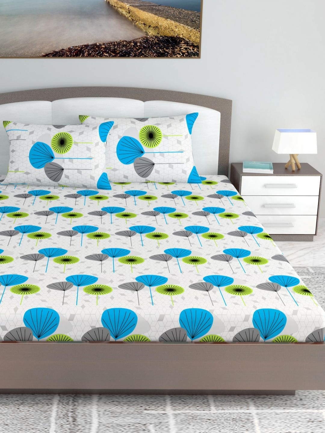 Divine Casa White Floral Cotton Breathable 144 TC Fitted King Bedsheet with 2 Pillow Covers-73 x 89 inches