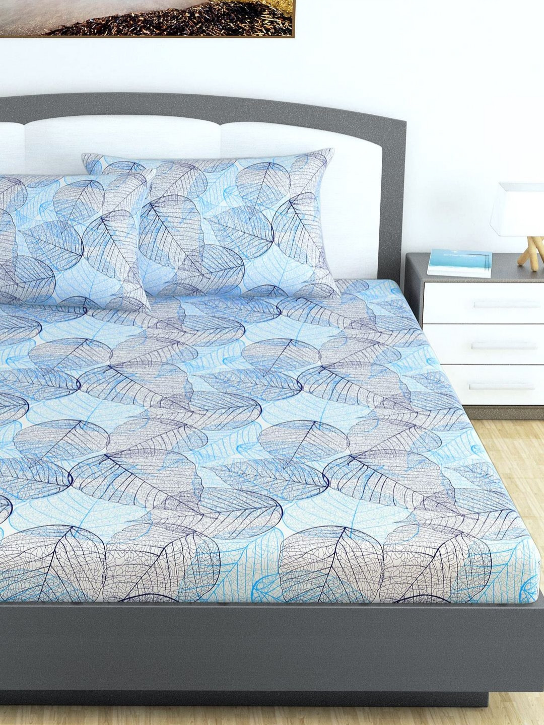Divine Casa Classic Blue Leaf Cotton 144 TC Fitted King Bedsheet with 2 Pillow Covers-73 x 79 inches