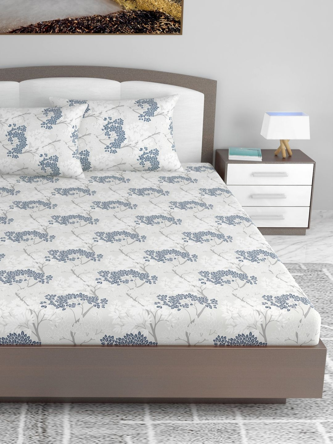 Divine Casa Blue Floral Cotton Breathable 144 TC Fitted King Bedsheet with 2 Pillow Covers-185 x 225 cm