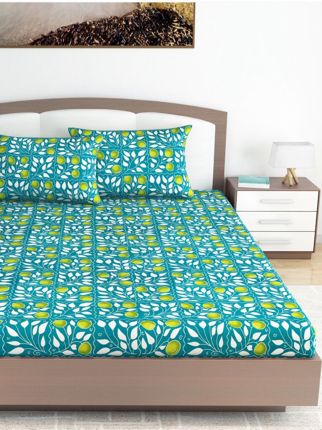 Divine Casa Modern Blue Printed Pure Cotton 144 TC King Bedsheet Set-1.80 m x 2.25 m