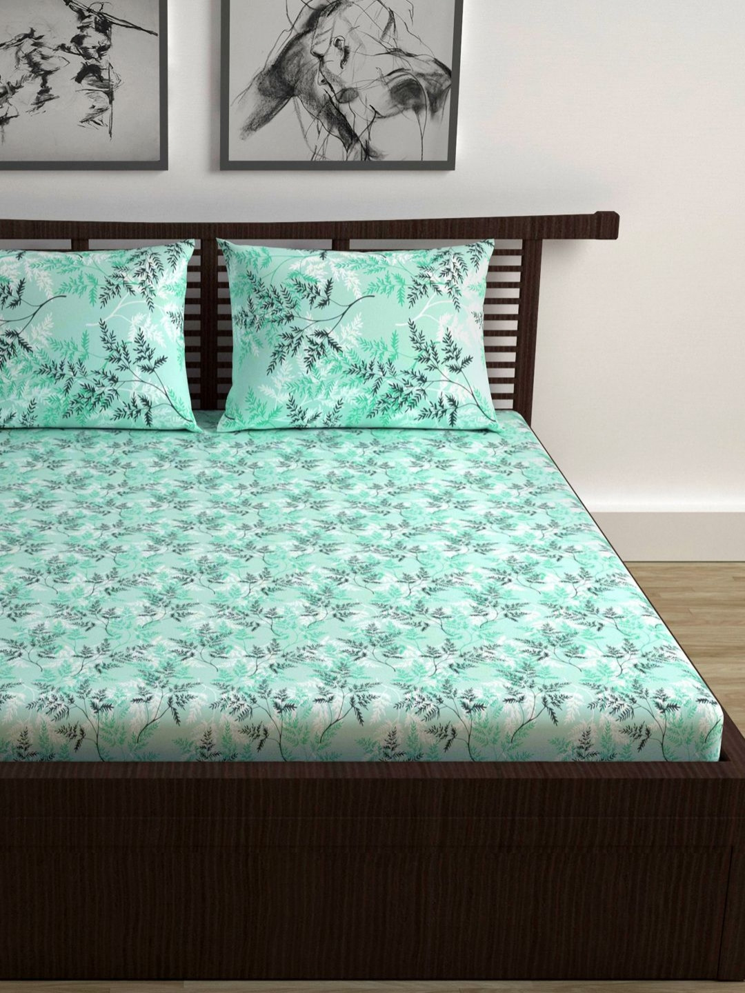 Divine Casa Sea Green Leaf Cotton Breathable 144 TC Fitted Queen Bedsheet with 2 Pillow Covers-150 x 225 cm