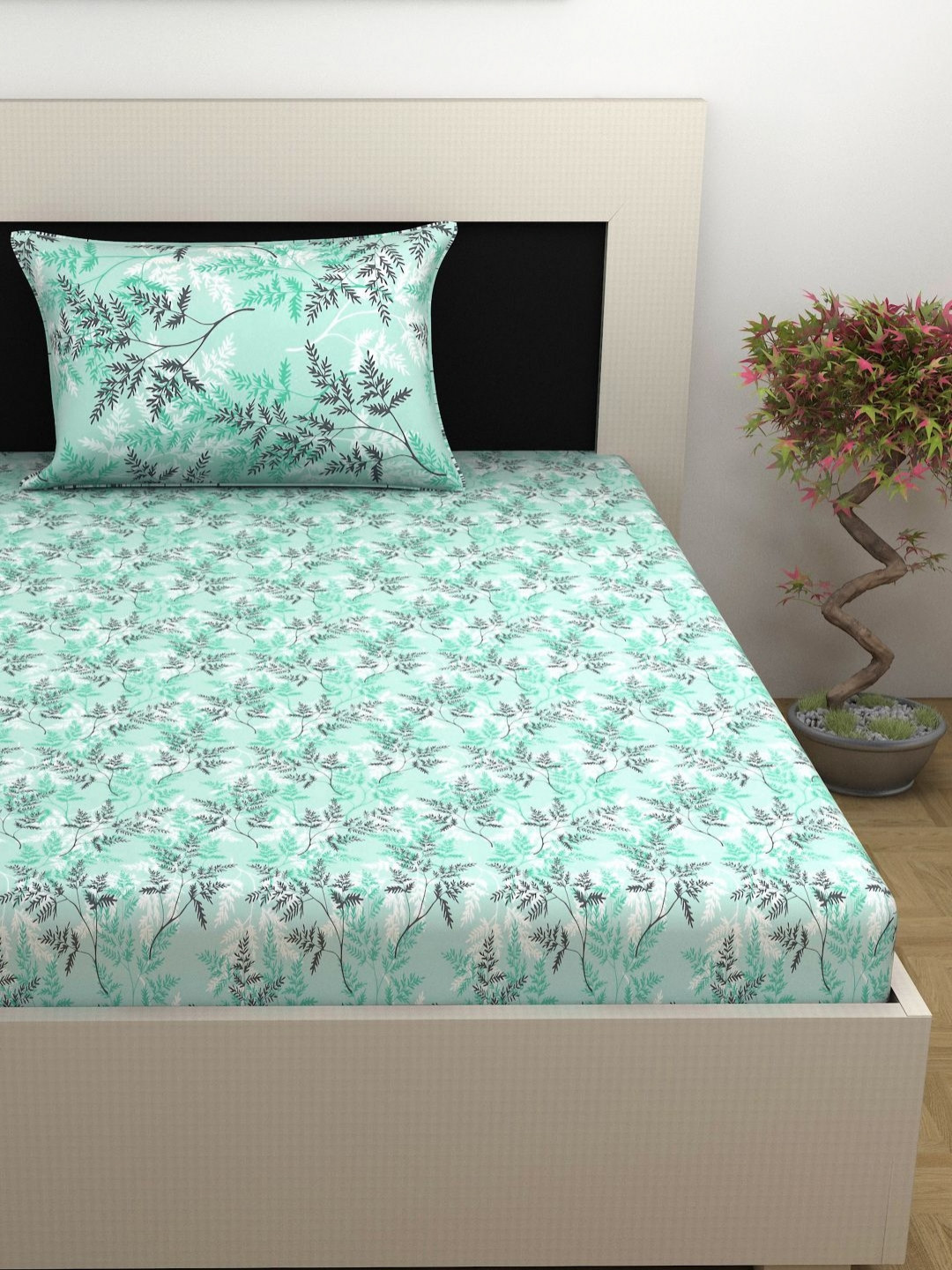 Divine Casa Emerald Sea Green Floral Cotton Breathable 144 TC Fitted Single Bedsheet with a Pillow Cover-35 x 88 inches