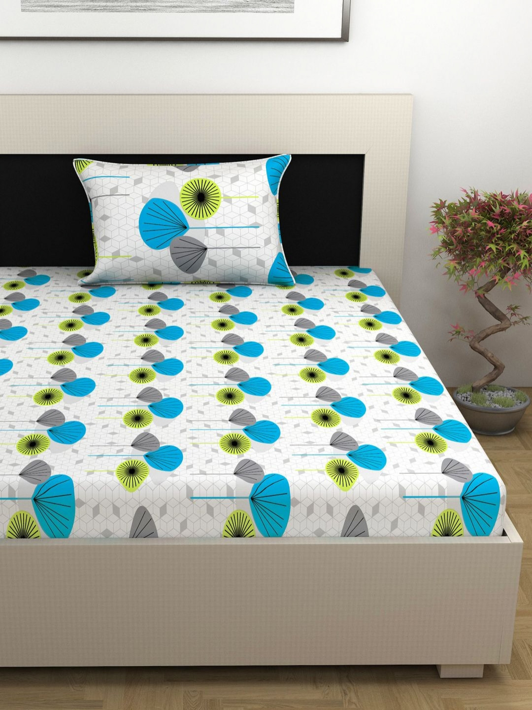 Divine Casa Modern White Floral Cotton Breathable 144 TC Fitted Single Bedsheet with a Pillow Cover-35 x 78 inches