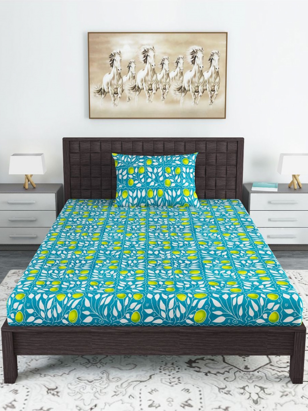Divine Casa Modern Blue Floral Cotton Breathable 144 TC Fitted Single Bedsheet with a Pillow Cover-35 x 88 inches