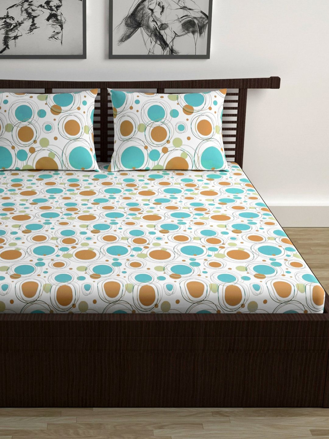 Divine Casa White Geometric Pure Cotton Breathable 144 TC Fitted Queen Bedsheet with 2 Pillow Covers-59 x 89 inches