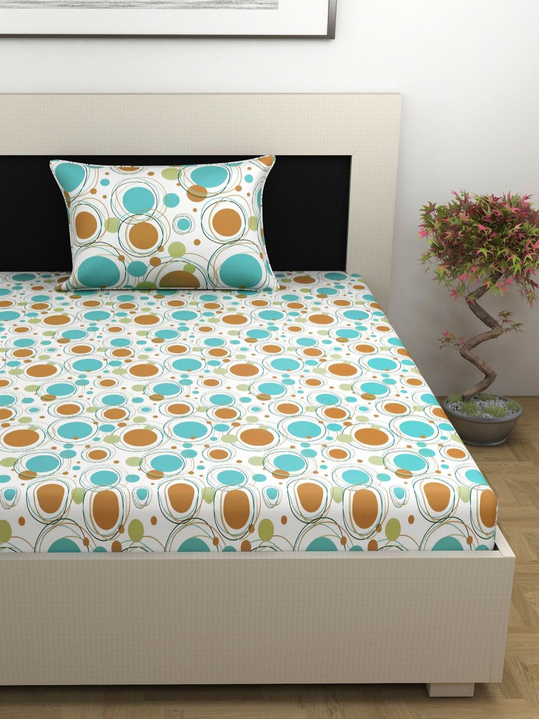 Divine Casa White Geometric Cotton Breathable 144 TC Fitted Single Bedsheet with a Pillow Cover-35 x 88 inches