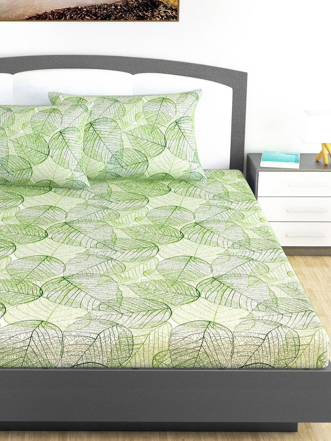 Divine Casa Classic Green Printed Pure Cotton 144 TC King Bedsheet Set 1.85 x 2.25 m
