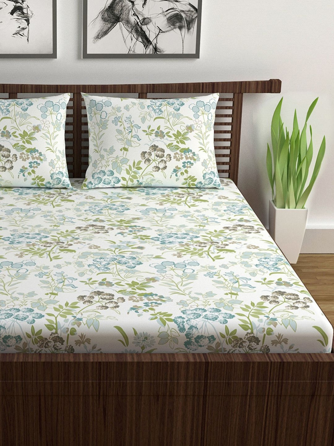 Divine Casa Emeraled Green Floral Cotton Breathable 144 TC Fitted Queen Bedsheet with 2 Pillow Covers-59 x 79 inches