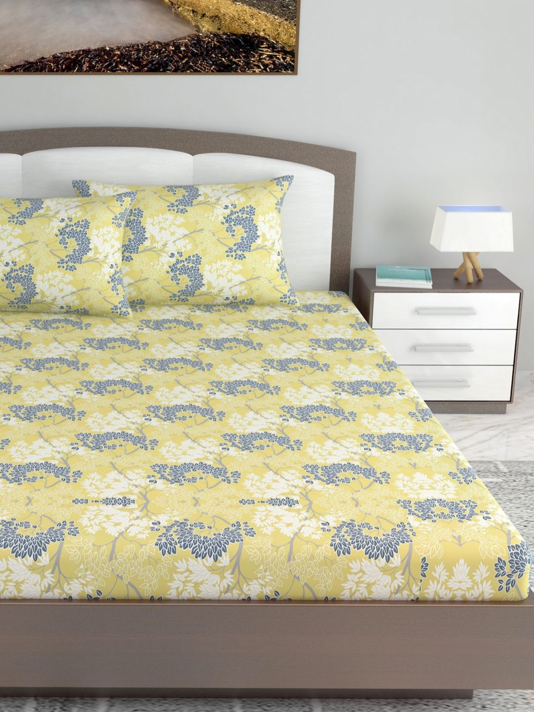 Divine Casa Prism Yellow & White Printed Pure Coton 144 TC King Bedsheet Set 1.85 x 2.25 m