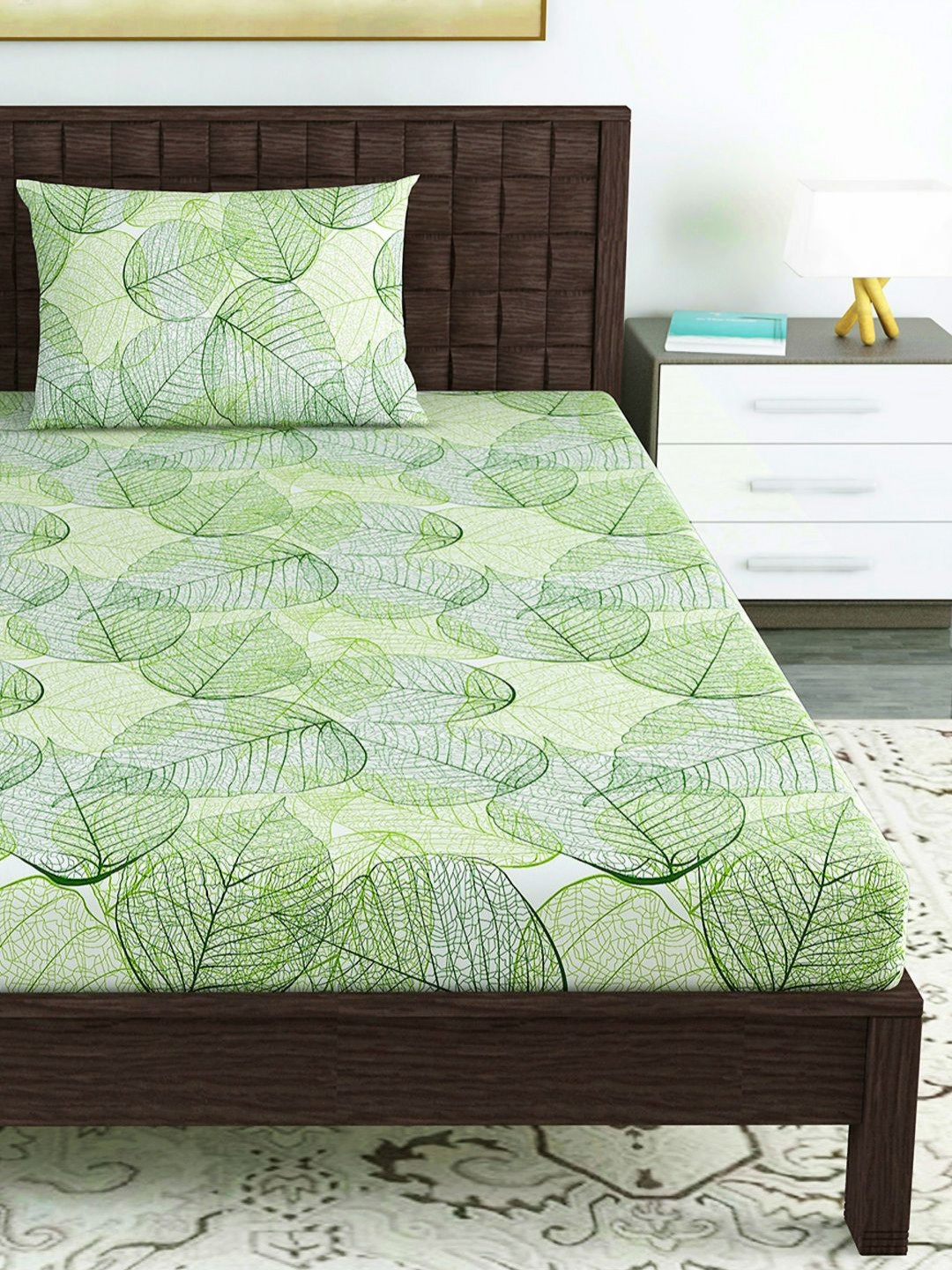 Divine Casa Classic Green Printed Pure Cotton 144 TC Single Bedsheet Set 0.9 x 2.23 m