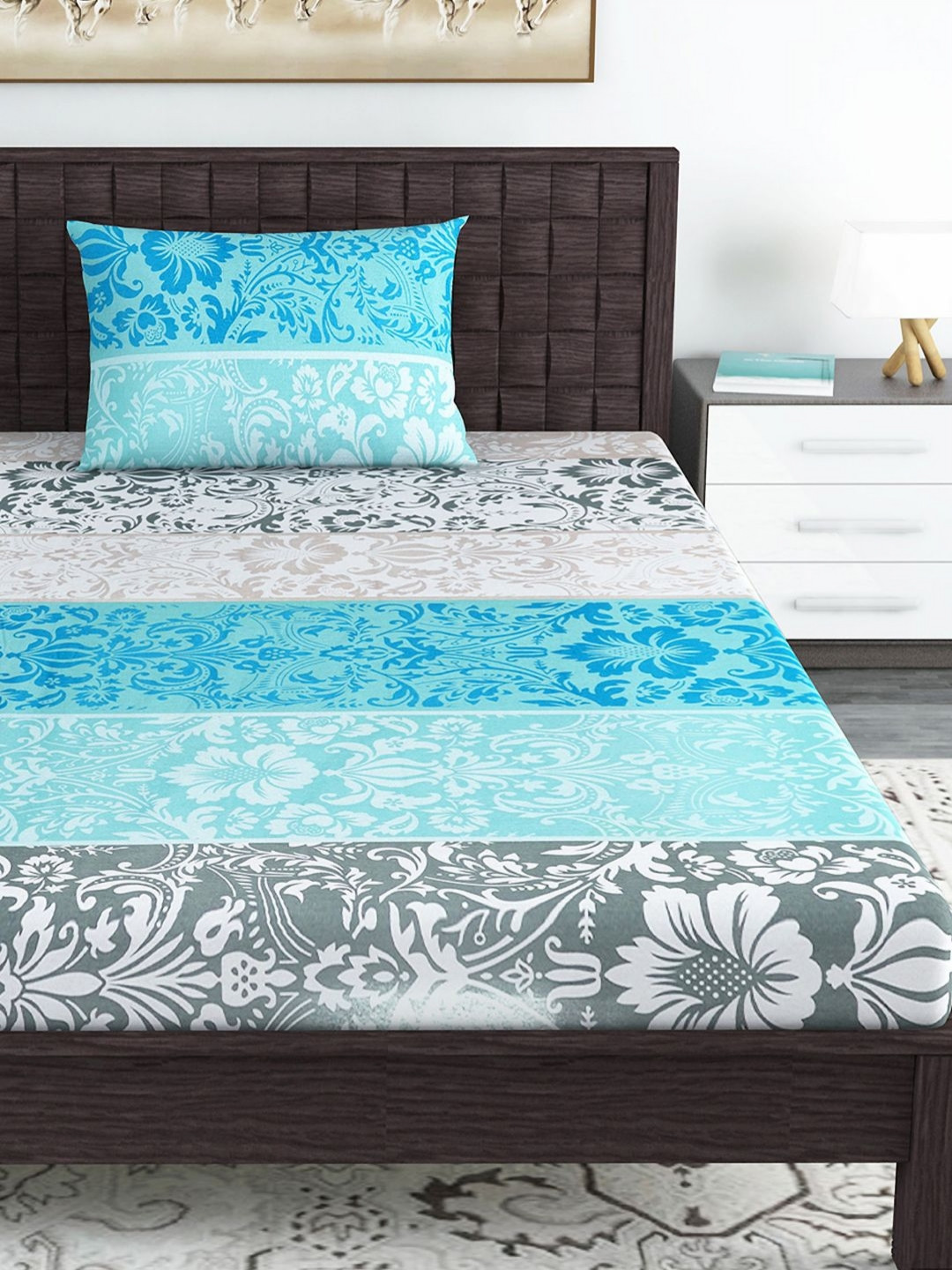 Divine Casa Modern Blue Floral Cotton Breathable 144 TC Fitted Single Bedsheet with a Pillow Cover-35 x 78 inches