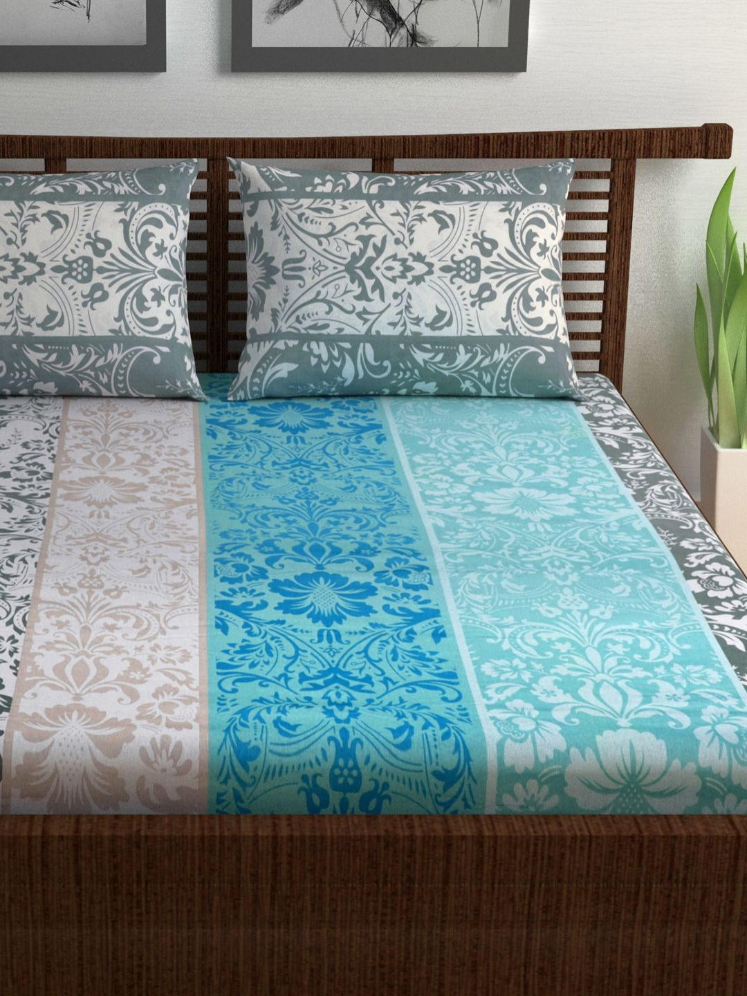 Divine Casa Modern Blue Floral Cotton Breathable 144 TC Fitted Queen Bedsheet with 2 Pillow Covers-59 x 79 inches