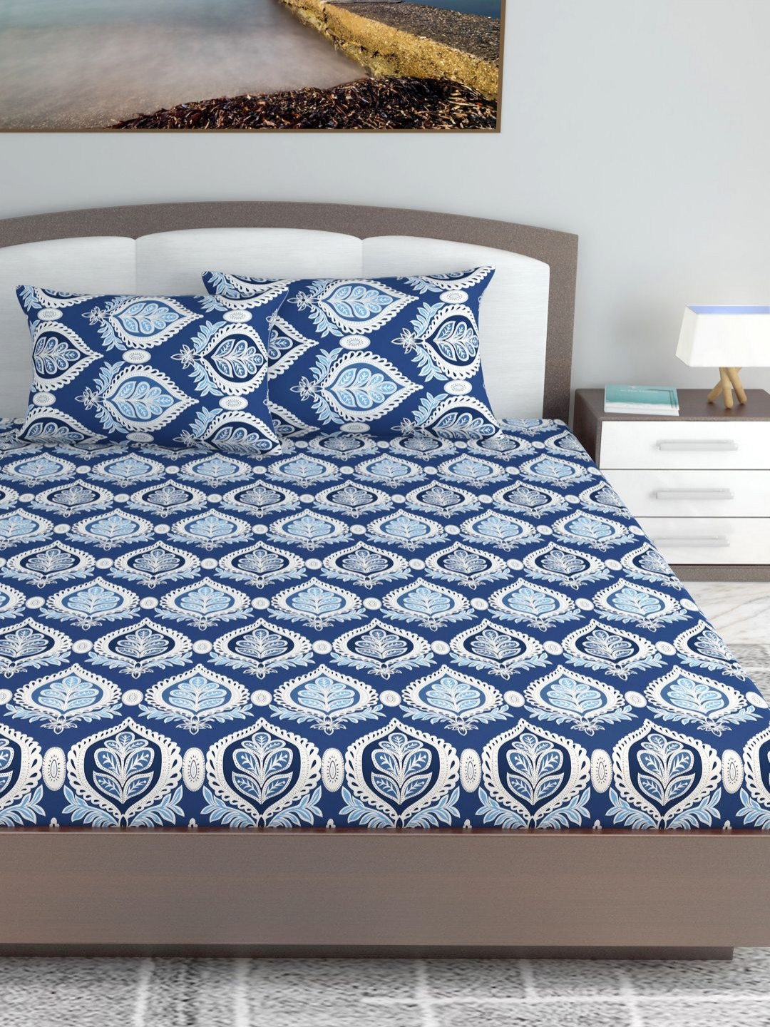 Divine Casa Prism Blue Floral Cotton Breathable 144 TC Fitted King Bedsheet with 2 Pillow Covers-73 x 79 inches