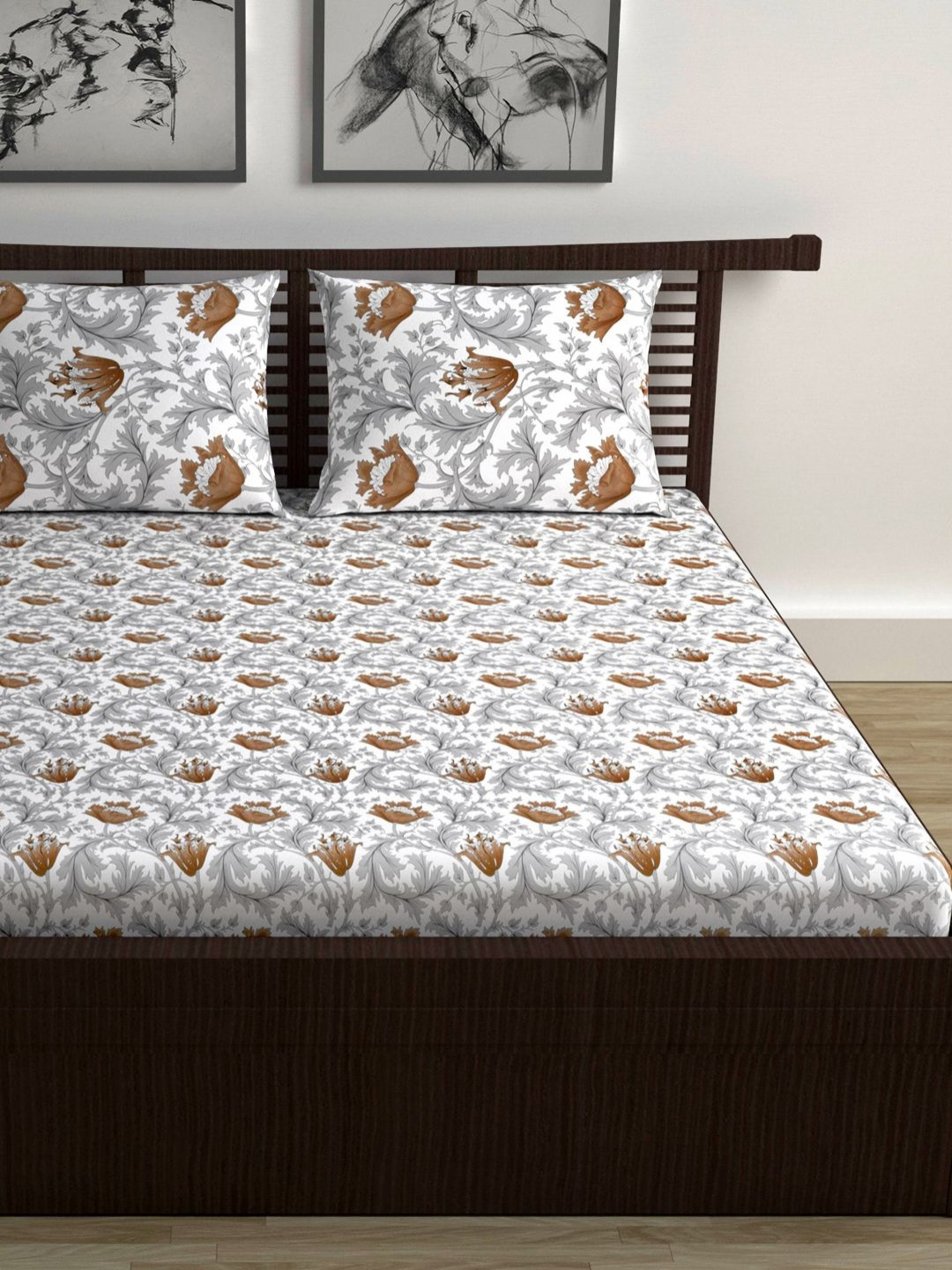 Divine Casa Emeraled White Printed Pure Cotton 144 TC Queen Bedsheet Set-1.50 m x 2.25 m