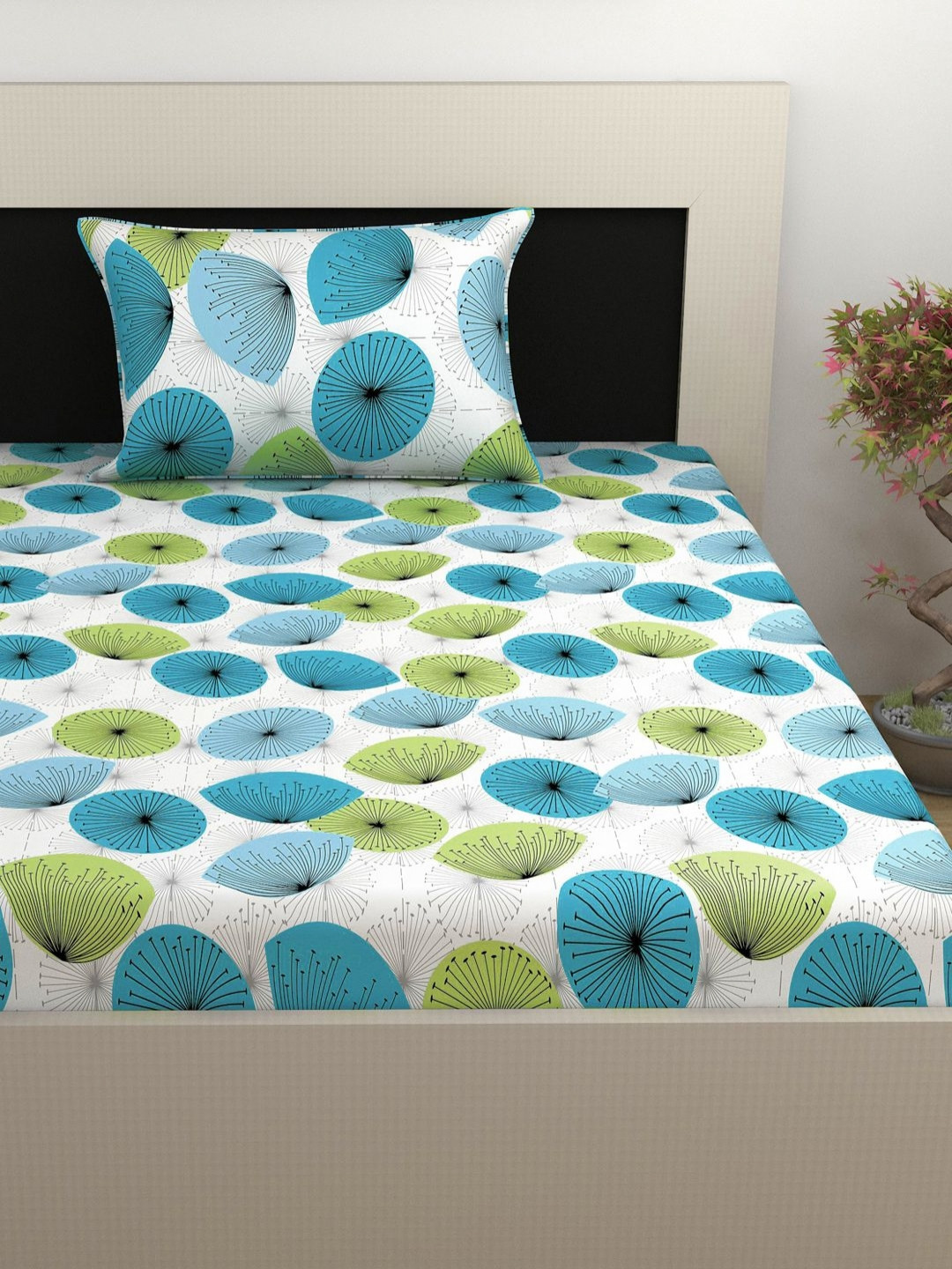 Divine Casa Prism Blue Floral Cotton Breathable 144 TC Fitted Single Bedsheet with a Pillow Cover-90 x 198 cm