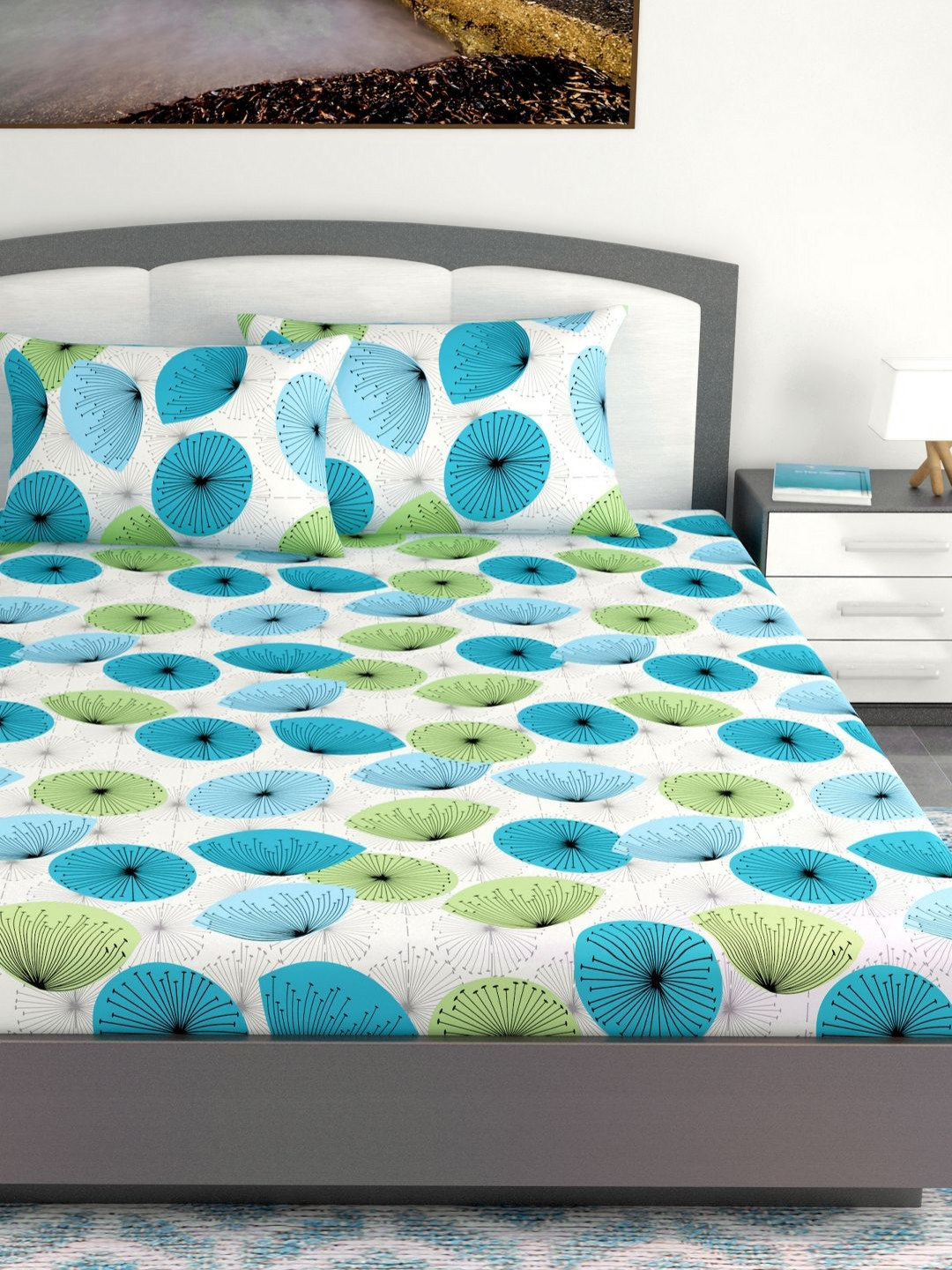 Divine Casa Prism Blue Floral Cotton Breathable 144 TC Fitted King Bedsheet with 2 Pillow Covers-185 x 200 cm