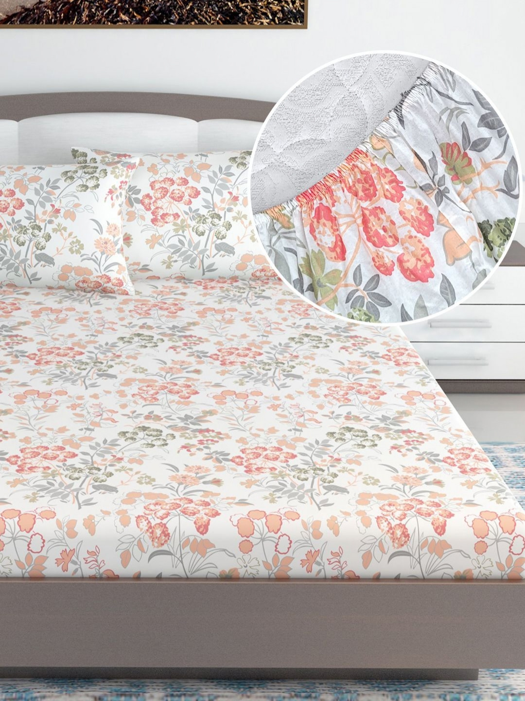 Divine Casa Bean Red Poppy White Floral Cotton Breathable 144 TC Fitted King Bedsheet with 2 Pillow Covers-73 x 89 inches