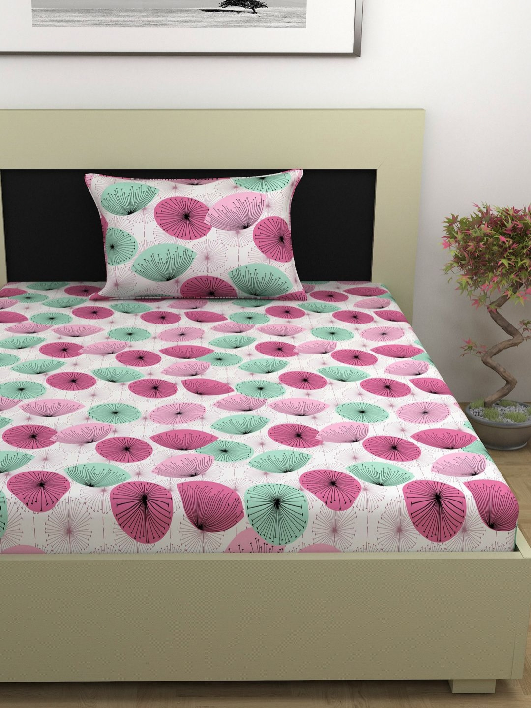 Divine Casa Prism Pink Floral Cotton Breathable 144 TC Fitted Single Bedsheet with a Pillow Cover-35 x 78 inches