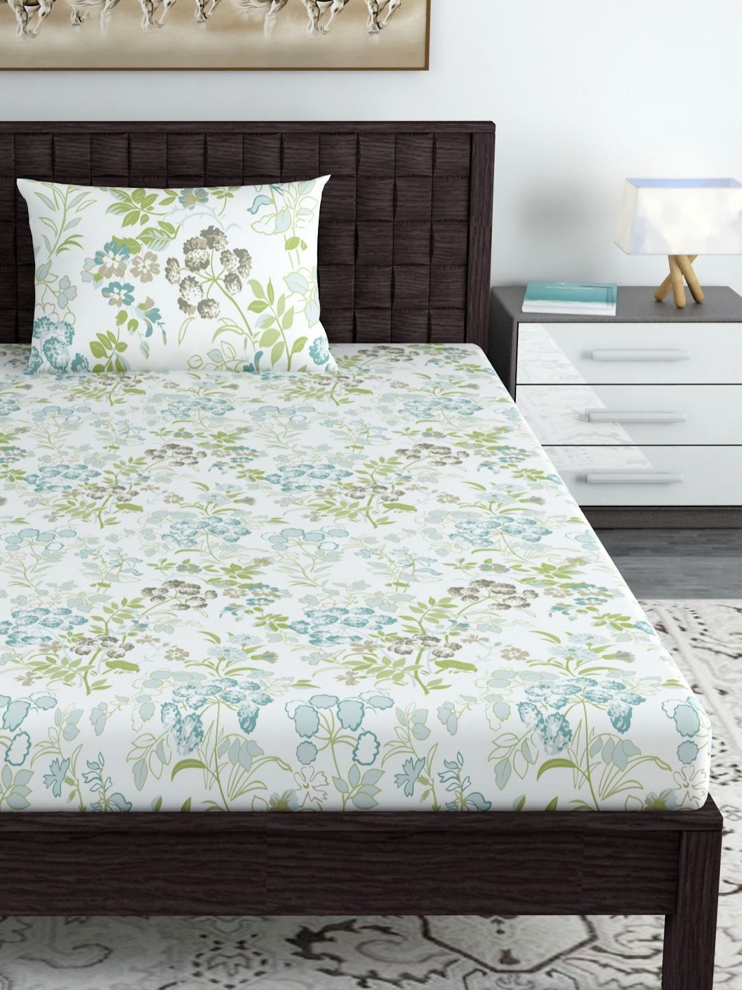 Divine Casa Emeraled Green Floral Cotton Breathable 144 TC Fitted Single Bedsheet with a Pillow Cover-35 x 78 inches