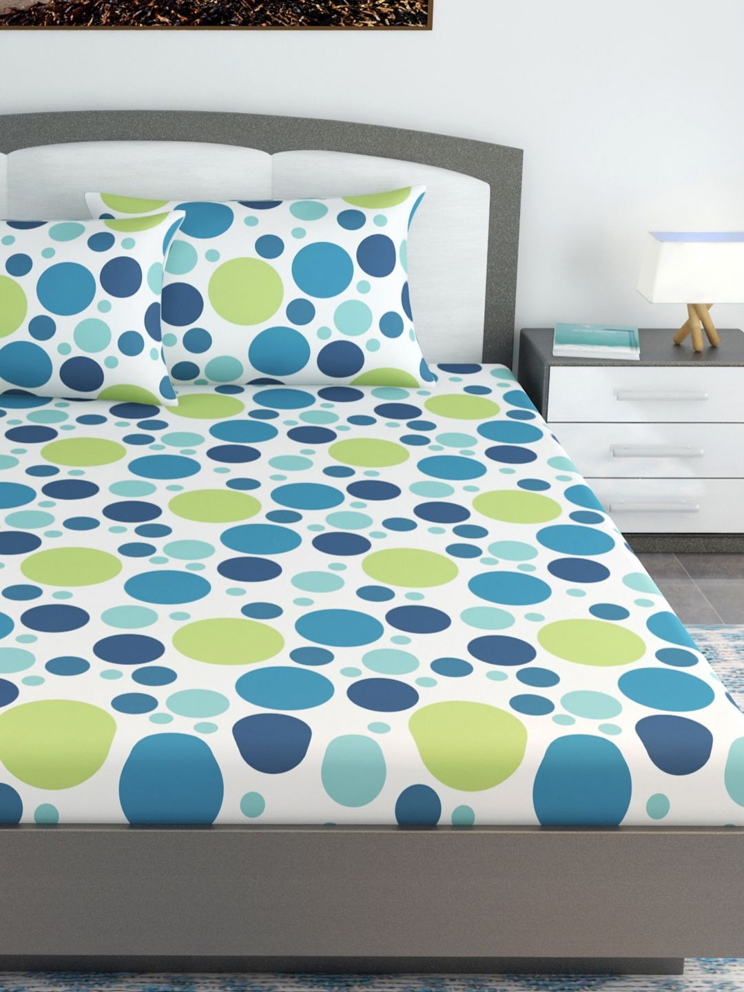 Divine Casa Garden Bliss Blue Geometric Cotton Breathable 144 TC Fitted King Bedsheet with 2 Pillow Covers-73 x 79 inches