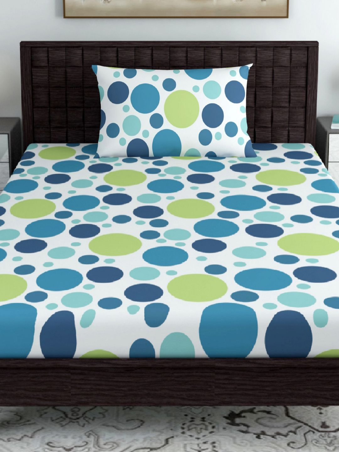 Divine Casa Premium Blue Geometric Pure Cotton Breathable 144 TC Fitted Single Bedsheet with a Pillow Cover-90 x 223 cm