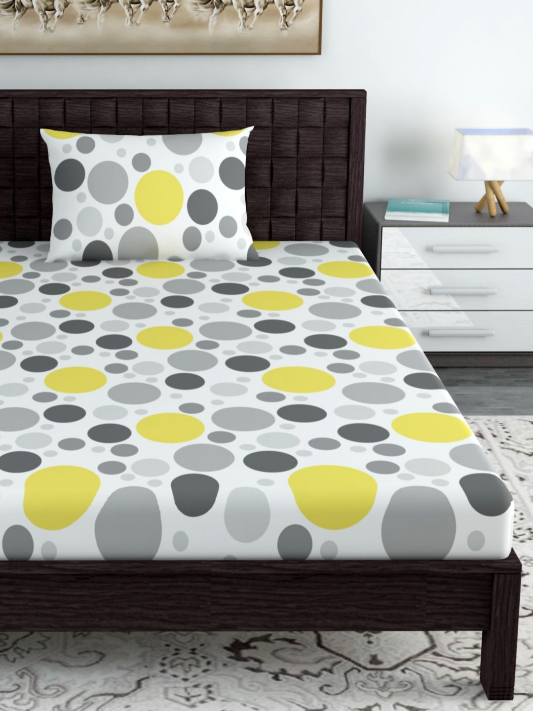 Divine Casa White Geometric Cotton Breathable 144 TC Fitted Single Bedsheet with a Pillow Cover-90 x 198 x 25 cm