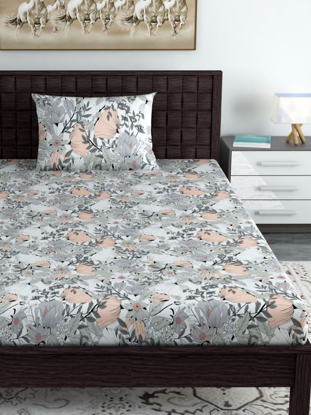 Divine Casa Peach Floral Cotton Breathable 144 TC Fitted Single Bedsheet with a Pillow Cover-90 x 223 cm