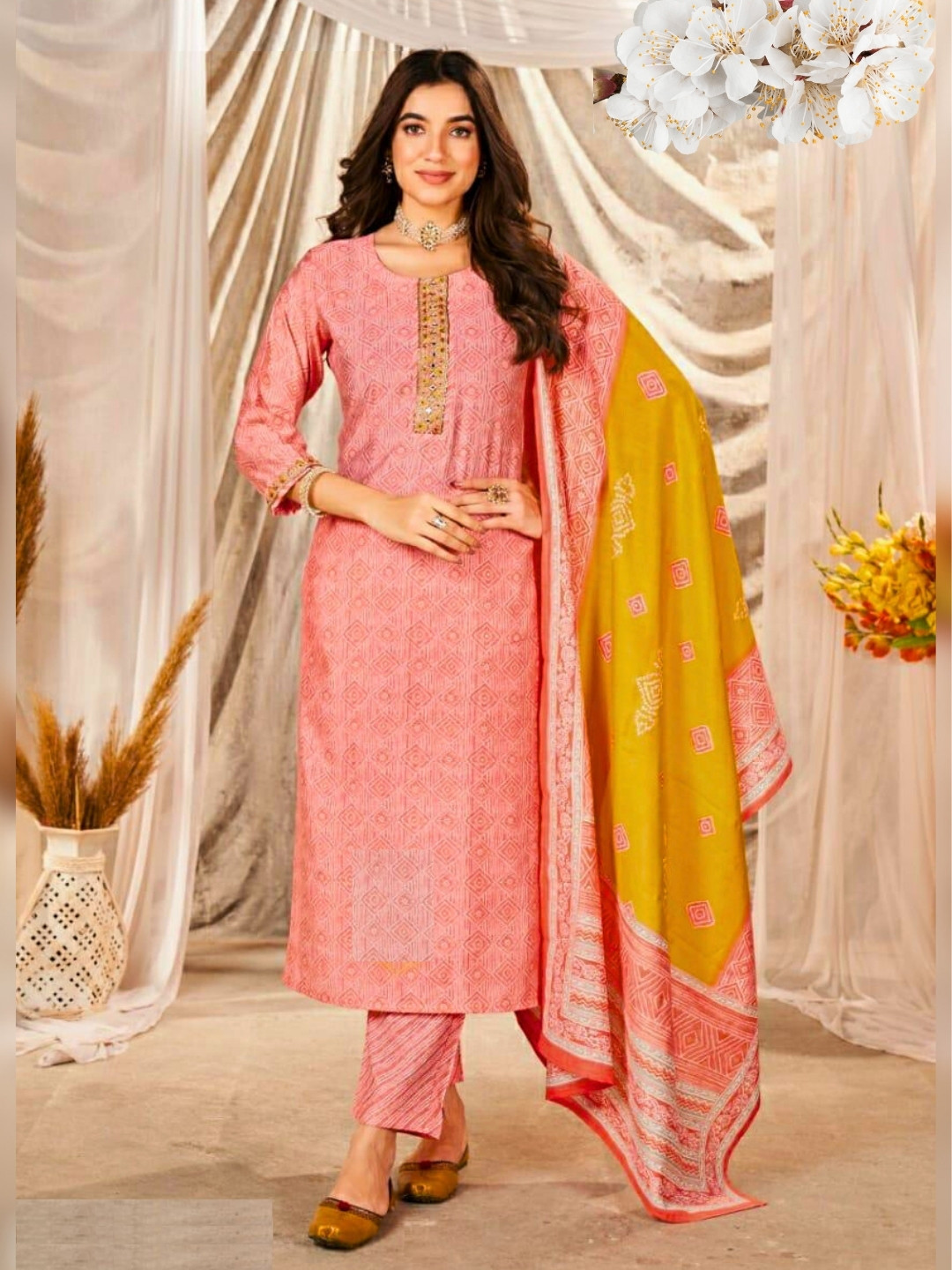 Atha Fashion Women Bandhani Printed Regular Mirror Work Silk Crepe Kurta with Trousers & With Dupatta