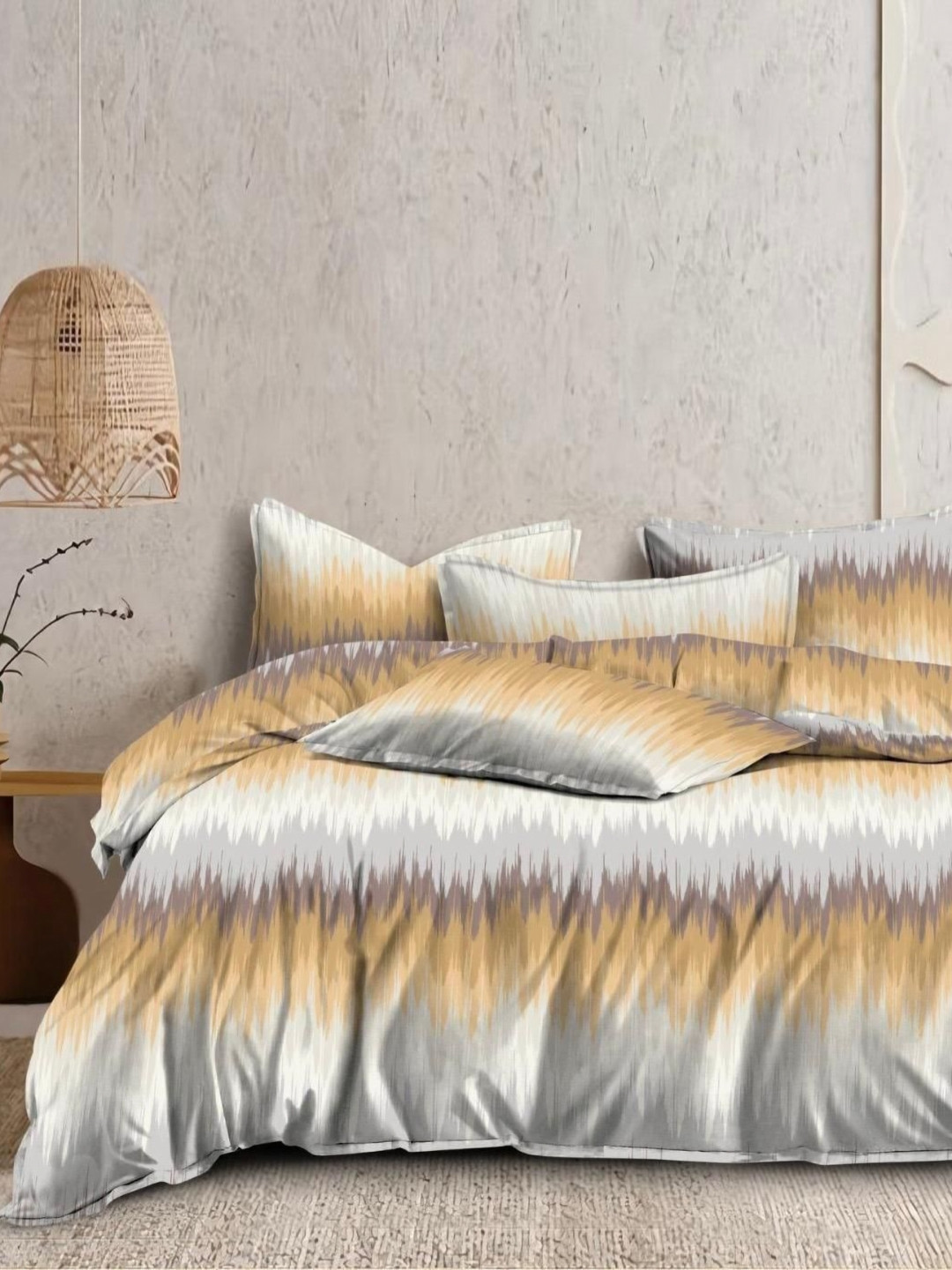 Banchmark Home Furnishings Beige Abstract Cotton 200 TC Fitted King Fine Bedsheet with 2 Pillow Covers-183 x 198 cm