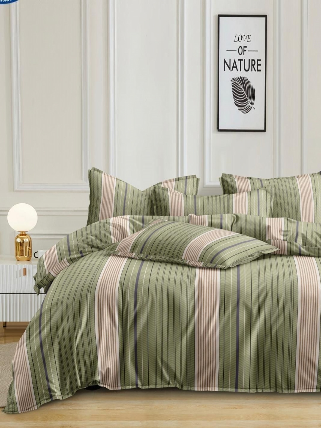 Banchmark Home Furnishings Green Striped Cotton 200 TC Fitted King Fine Bedsheet with 2 Pillow Covers-72 x 78 inches