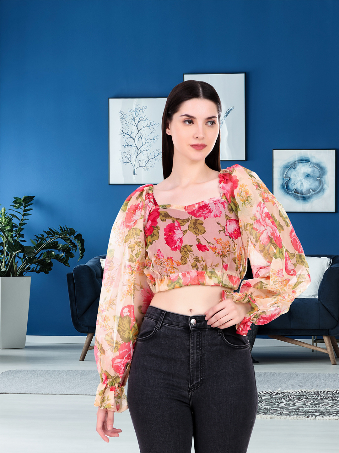 Magnetism Women Pure Organza Floral Printed Crop Top with Elasticated Shoulder