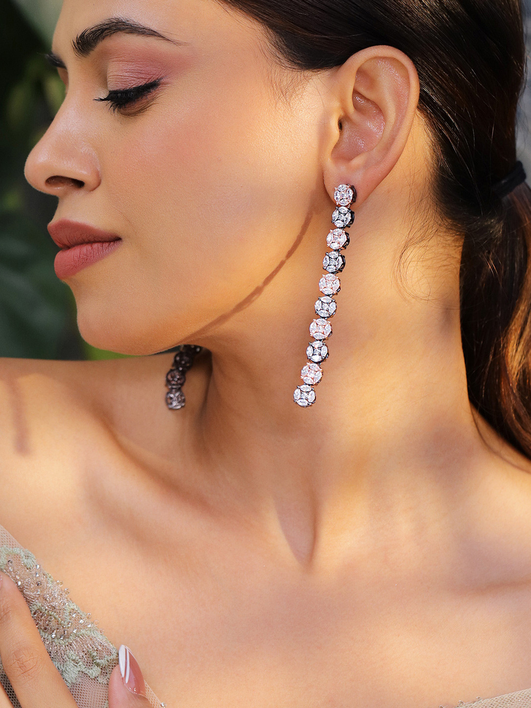 Rubans Rhodium-Plated Black-Tone Pastel Pink & White Cubic Zirconia Studded Drop Earrings