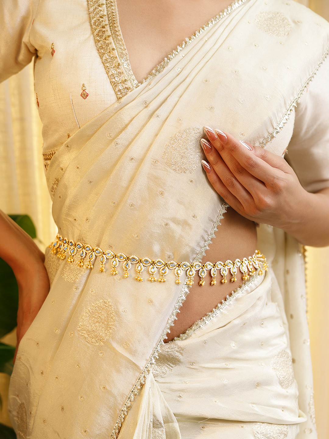Rubans 18K Gold-Plated Kundan & Pearl Beaded Waist Chain Saree Accessories